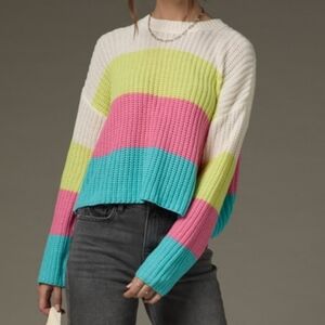 Francesca's Color Block Crew Sweater - White, Pink, Green, Blue